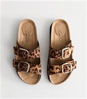 Women's Stone Faux Leather Leopard Print Buckle Strap Sandals Vegan New Look