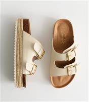 Women's Wide Fit White Faux Leather Platform Buckle Sandals Vegan New Look