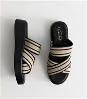 Women's Cream Faux Leather Wide Strap Striped Platform Sandals Vegan New Look