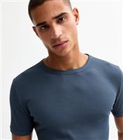 Men's Navy Muscle Fit Ribbed Jersey T-Shirt New Look