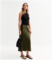 Women's Khaki Textured Satin Midi Slip Skirt New Look