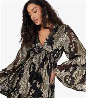 Women's Black Paisley Bell Sleeve Mini Dress Apricot New Look