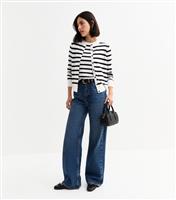 Women's White Striped Crew Neck Cardigan New Look