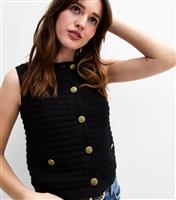 Women's Black Textured Knit Button Up Vest New Look