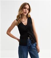 Women's Black Ribbed Knitted Button Front Vest New Look