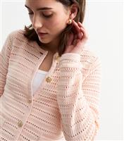 Women's Pink Open Knit Button Detail Cardigan New Look