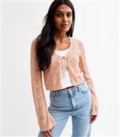 Women's Light Pink Shimmer Stitch Open Knit Tie Front Cardigan New Look