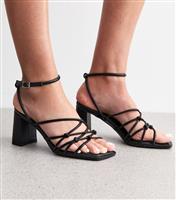 Women's Black Faux Leather Knotted Strap Block Heel Sandals New Look