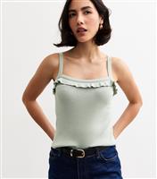 Women's Light Green Frill Trim Knitted Vest Top New Look
