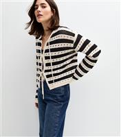 Women's Black Striped Tie Front Open Knit Cardigan New Look