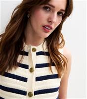 Women's Cream Striped Knitted Button Up Vest New Look