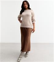 Women's Plus Size Dark Brown Satin Midi Skirt Curves New Look