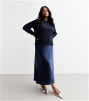 Women's Plus Size Navy Satin Midi Skirt Curves New Look