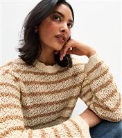 Women's Gold Open Knit Striped Shimmery Jumper New Look