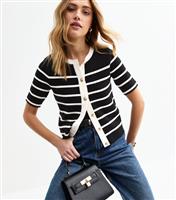 Women's Black Striped Knitted Short Sleeve Cardigan New Look