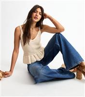 Women's Cream Open Knit V-Neck Peplum Vest New Look