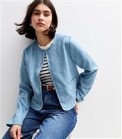 Women's Blue Faux Suede Collarless Jacket New Look