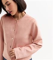 Women's Pink Faux Suede Collarless Jacket New Look