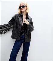 Women's Black Faux Leather Fringed Jacket New Look