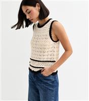 Women's Cream Open Knit Contrast Trim Vest New Look