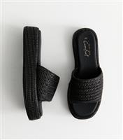 Women's Black Raffia And Faux Leather Platform Mules Vegan New Look