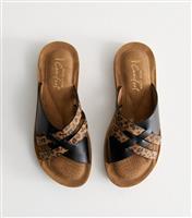 Women's Wide Fit Leopard Print Faux Leather Woven Strap Sandals Vegan New Look