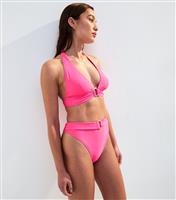 Women's Bright Pink Triangle Hoop Detail Halterneck Bikini Top New Look