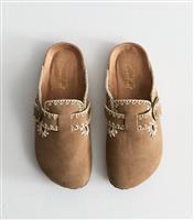 Women's Brown Faux Suede Whipstitched Mules New Look