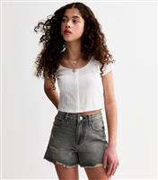 Girls' Dark Grey Mom Style Distressed Denim Shorts New Look