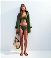 Women's Khaki Wave Textured Tie Side Bikini Bottoms New Look