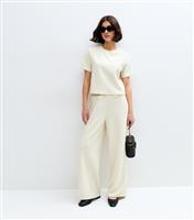 Women's Cream Textured Button Detail Wide Leg Trousers New Look