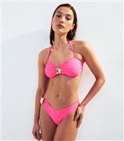 Women's Bright Pink Flower Detail Halterneck Bikini Top New Look