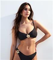 Women's Black Floral Detail Bikini Top New Look