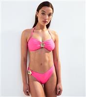 Women's Bright Pink Flower Detail Bikini Bottoms New Look