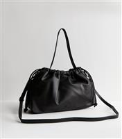 Black Pebbled Faux Leather Drawstring Hobo Bag New Look