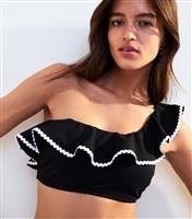 Women's Black Textured Frilly Trim One Shoulder Bikini Top New Look