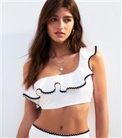 Women's White Textured Frilly Trim One Shoulder Bikini Top New Look