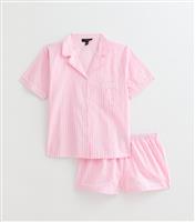 Women's Petite Pink Poplin Stripe Short Sleeve Revere Collar Pyjama Set New Look