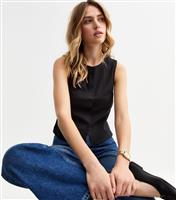 Women's Black Textured Ribbed Crew Neck Button Up Vest New Look