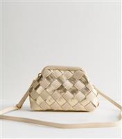 Cream Metallic Weave Pouch Clutch Bag New Look