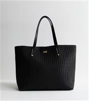 Black Faux Leather Woven Large Tote Bag New Look
