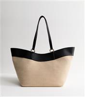 Stone Canvas and Faux Leather Large Winged Tote Bag New Look