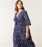 Women's Curve Navy Floral Print V-Neck Midi Dress Blue Vanilla New Look