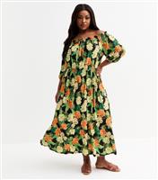 Women's Curve Yellow Floral Print Bardot Midi Dress Blue Vanilla New Look