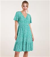Women's Green Ditsy Printed Angel Sleeve Elasticated V Neck Dress Blue Vanilla New Look