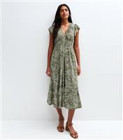 Women's Olive Green Printed Midi Dress Blue Vanilla New Look