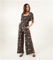 Women's Black Palm Tree Print Square Neck Shirred Jumpsuit Blue Vanilla New Look