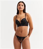 Women's Black Floral Applique Mesh Thong New Look