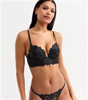 Women's Black Floral Applique Push Up Bra New Look