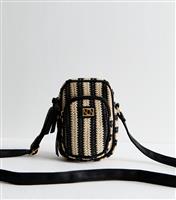 Black Striped Raffia Look Crossbody Phone Bag New Look